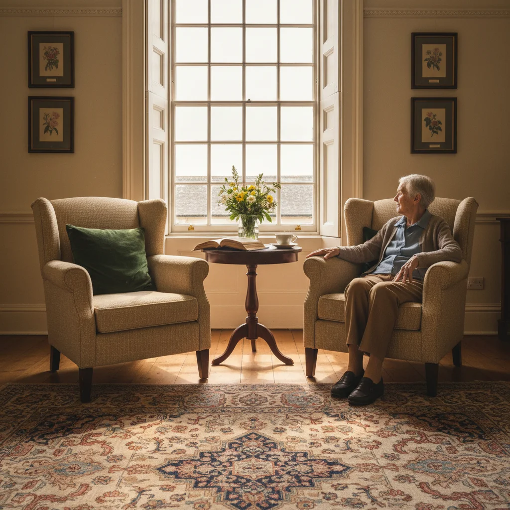 Two armchairs by a tall sash window in a sunlit lounge — a quiet afternoon scene at one of our homes
