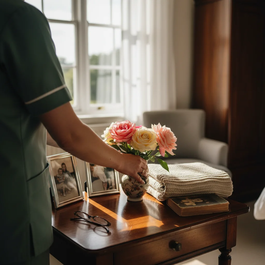 A care worker arranging garden roses on a polished bedside table — the quiet attention to small things our homes are known for